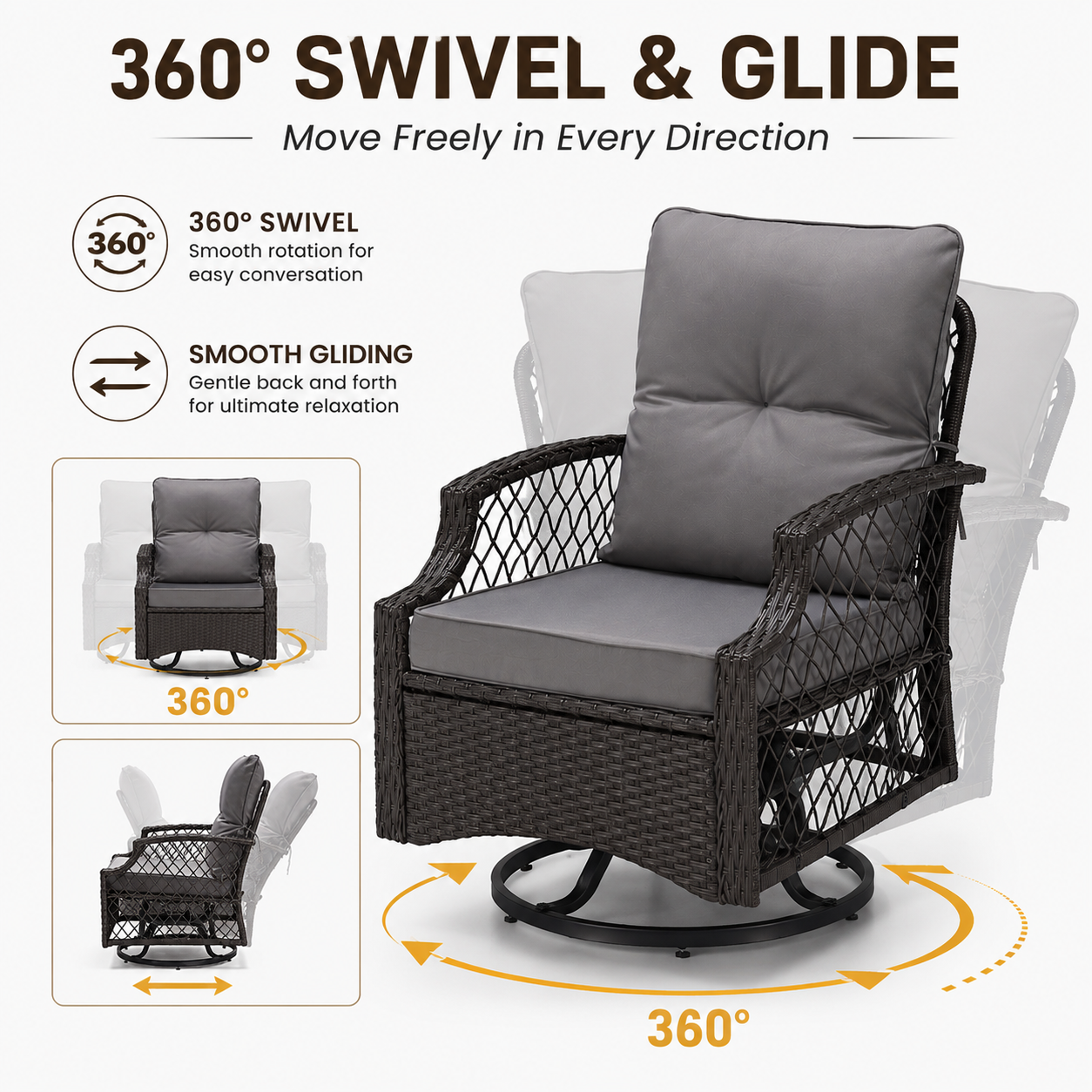 3 Piece Patio Swivel Rocker Chairs Set, 2 360-Degree Swivel Rocking Chairs with 1 Glass Top Table, PE Rattan Outdoor Bistro Set with Cushions for Balcony Deck Poolside Backyard Porch