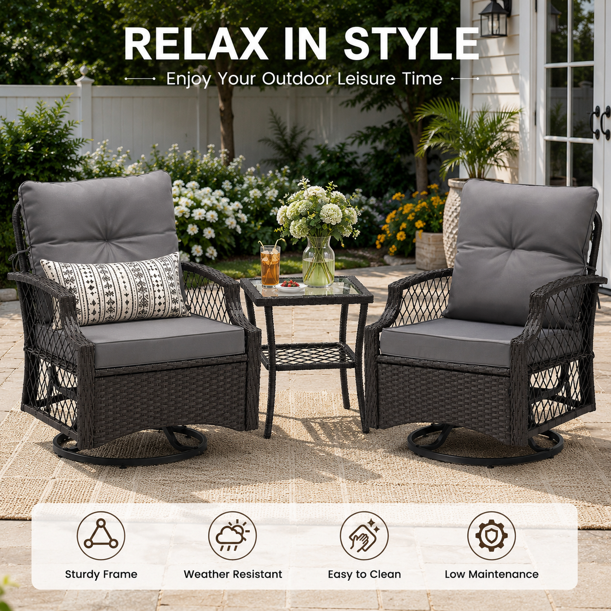 3 Piece Patio Swivel Rocker Chairs Set, 2 360-Degree Swivel Rocking Chairs with 1 Glass Top Table, PE Rattan Outdoor Bistro Set with Cushions for Balcony Deck Poolside Backyard Porch