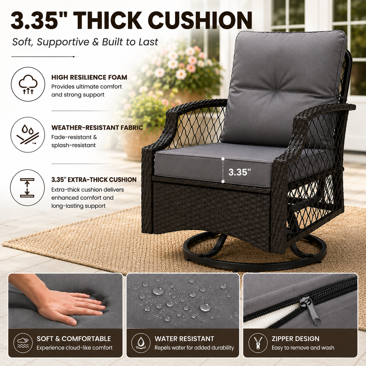 3 Piece Patio Swivel Rocker Chairs Set, 2 360-Degree Swivel Rocking Chairs with 1 Glass Top Table, PE Rattan Outdoor Bistro Set with Cushions for Balcony Deck Poolside Backyard Porch