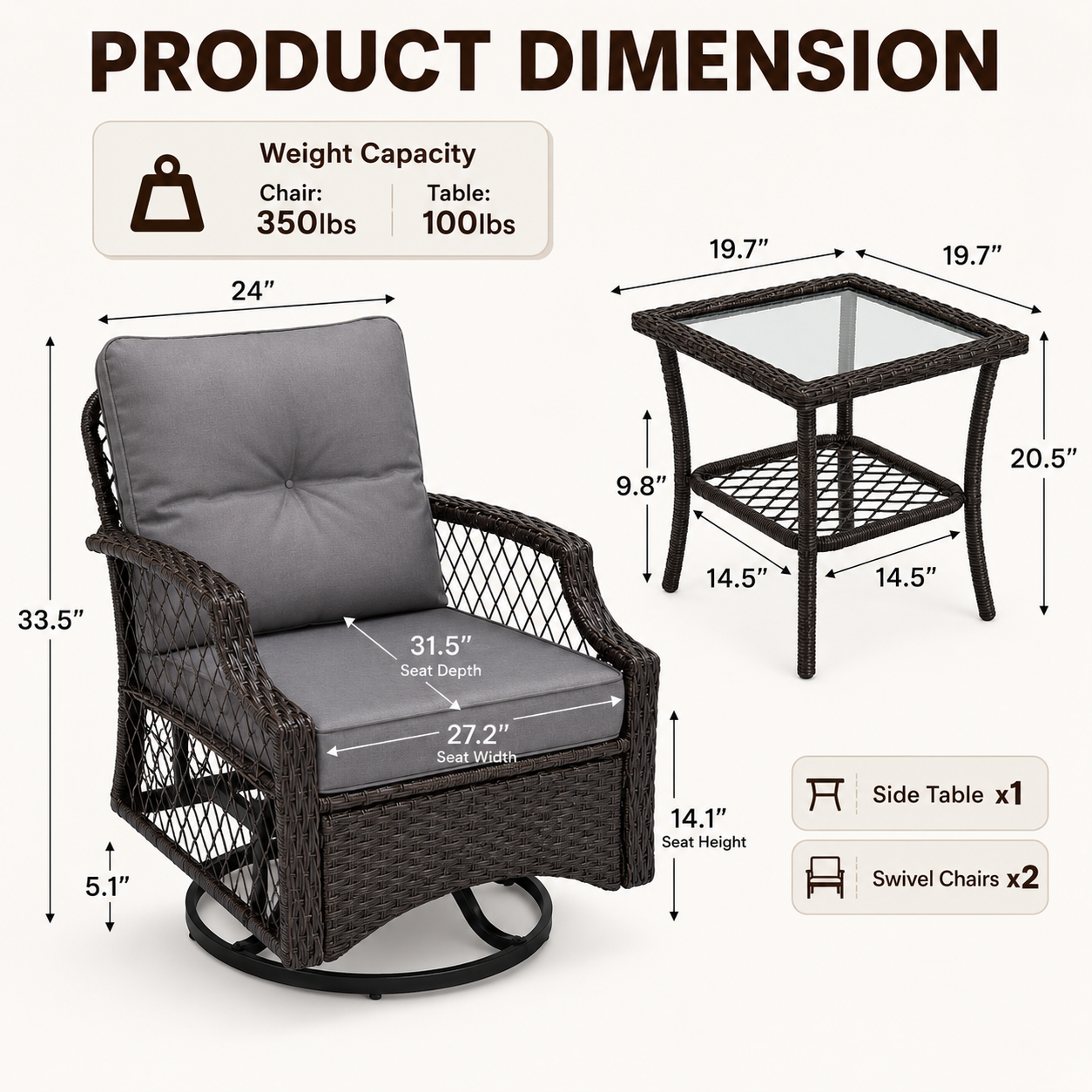 3 Piece Patio Swivel Rocker Chairs Set, 2 360-Degree Swivel Rocking Chairs with 1 Glass Top Table, PE Rattan Outdoor Bistro Set with Cushions for Balcony Deck Poolside Backyard Porch