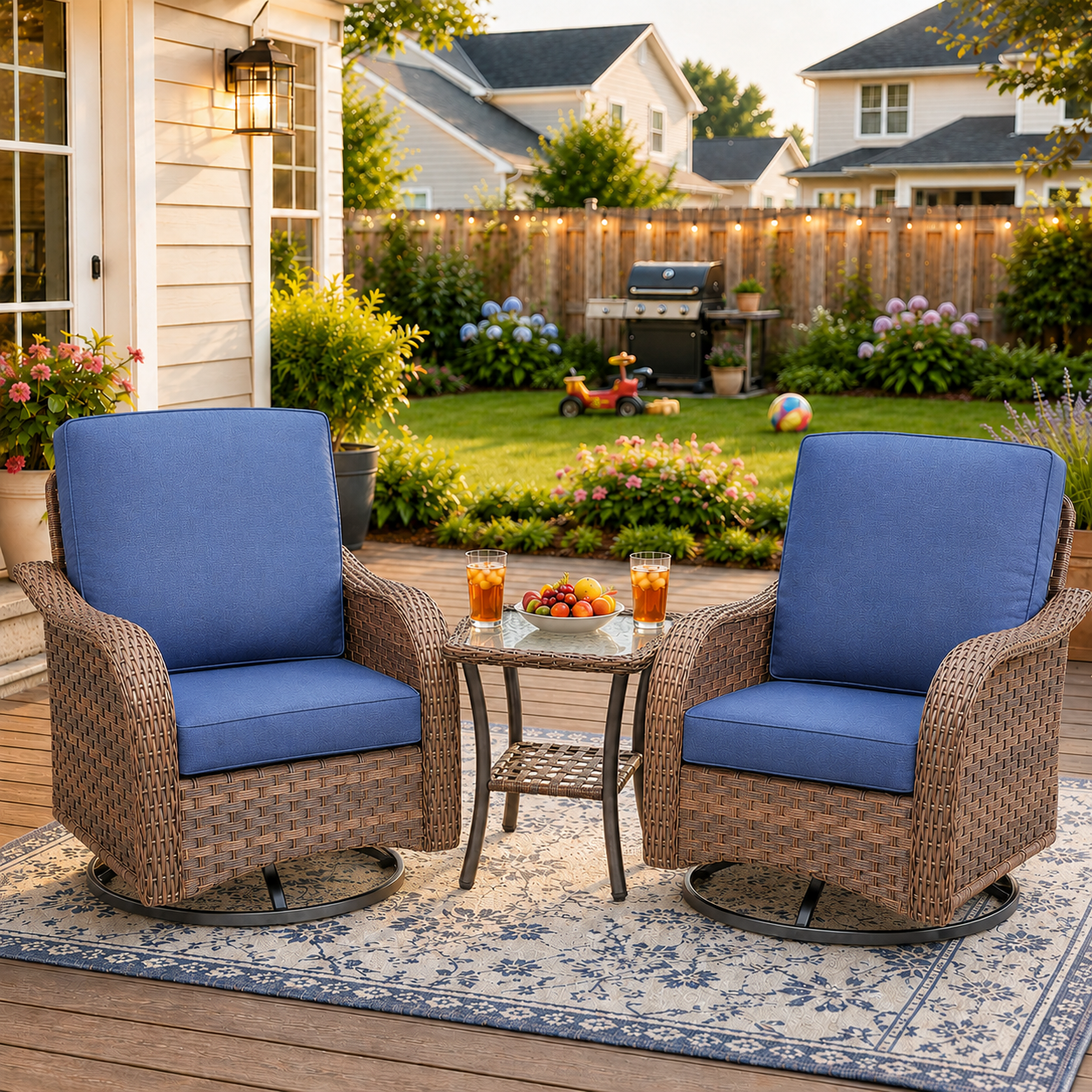 3 Piece Patio Swivel Rocker Chairs Set, 2 360-Degree Swivel Rocking Chairs with 1 Glass Top Table, PE Rattan Outdoor Bistro Set with Cushions for Balcony Deck Poolside Backyard Porch