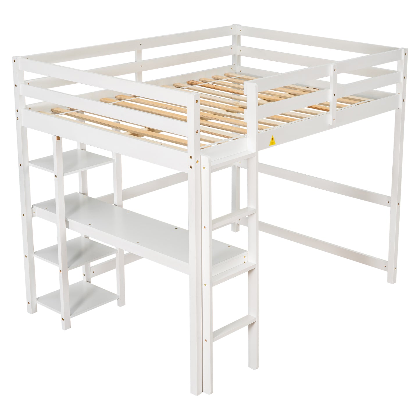 SYNGAR Loft Bed Frame with Desk, Full Size Wooden Bed Frame with Protective Guard Rails and Ladder for Kids Bedroom, Noise Free, No Spring Box needed, Space-Saving, White