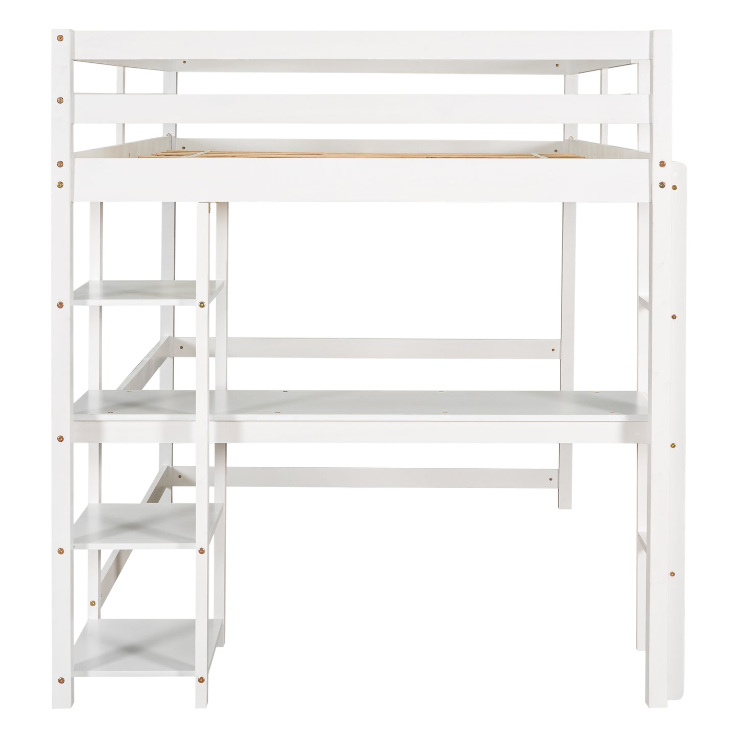 SYNGAR Loft Bed Frame with Desk, Full Size Wooden Bed Frame with Protective Guard Rails and Ladder for Kids Bedroom, Noise Free, No Spring Box needed, Space-Saving, White