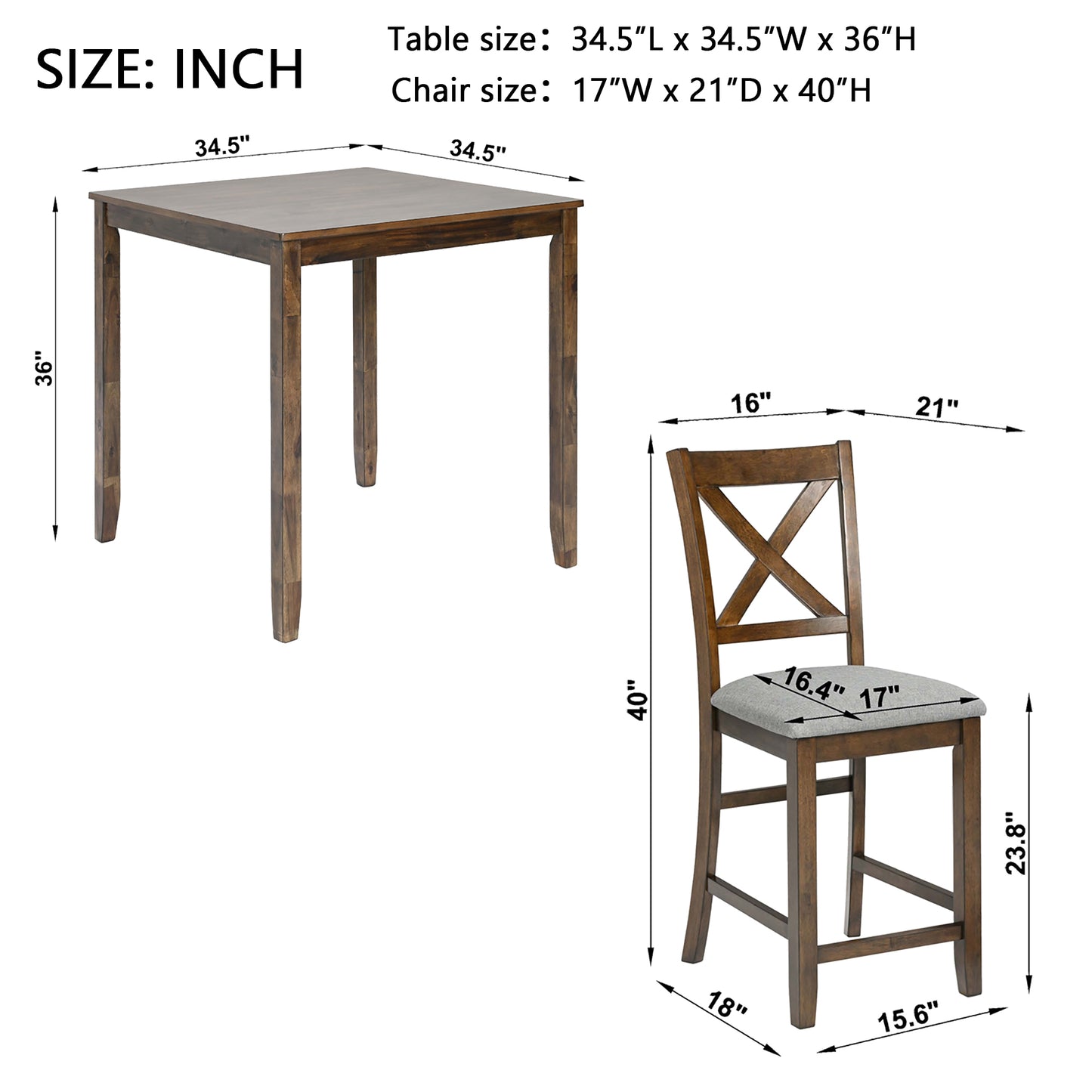 5-Piece Counter Height Dining Table Set for 4, 34.5 Inch Square Kitchen Table and 4 Upholstered Chairs with X-Back and Footrests, Space-Saving Dinette Set, Walnut