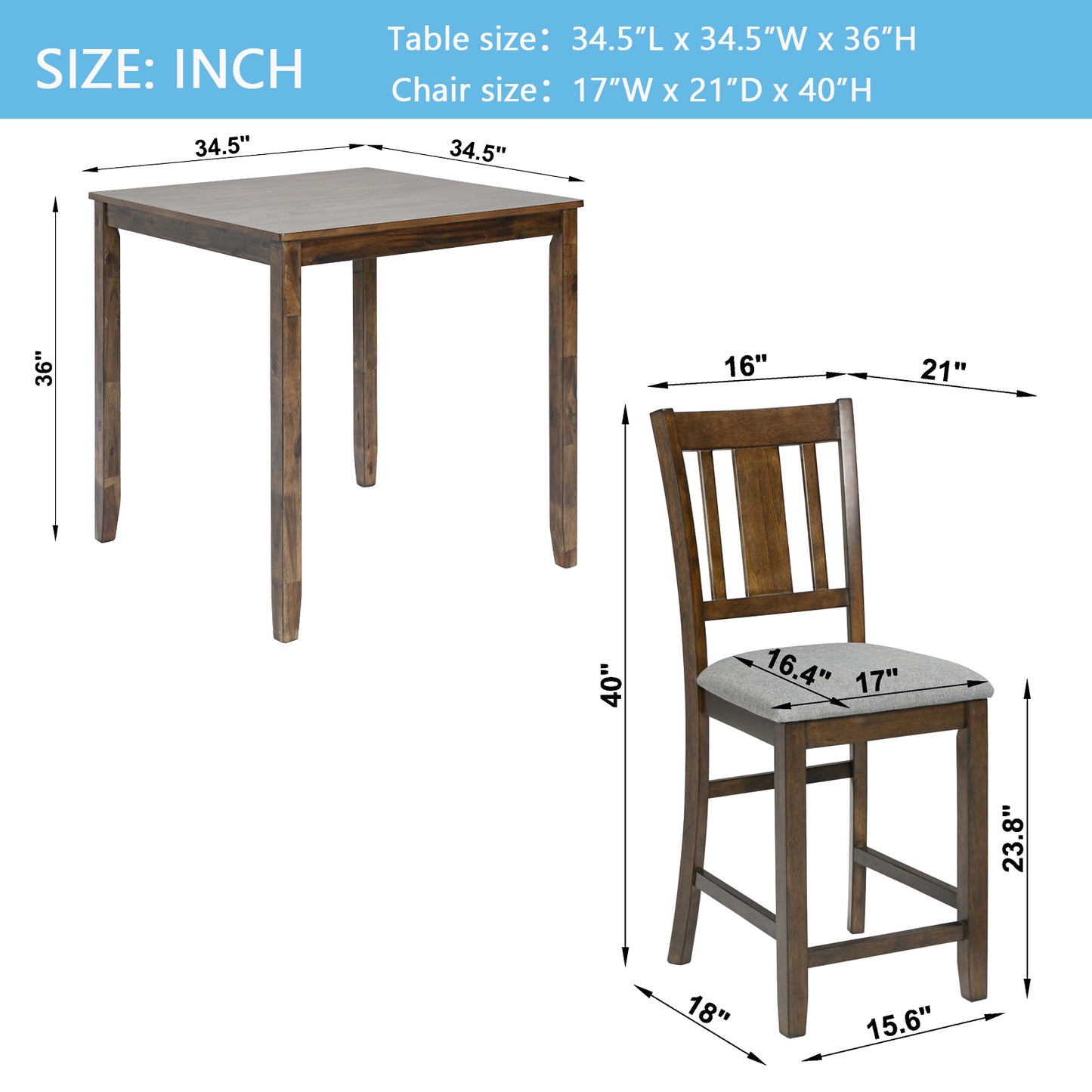 5-Piece Counter Height Dining Table Set for 4, 34.5 Inch Square Kitchen Table and 4 Upholstered Chairs with X-Back and Footrests, Space-Saving Dinette Set, Walnut