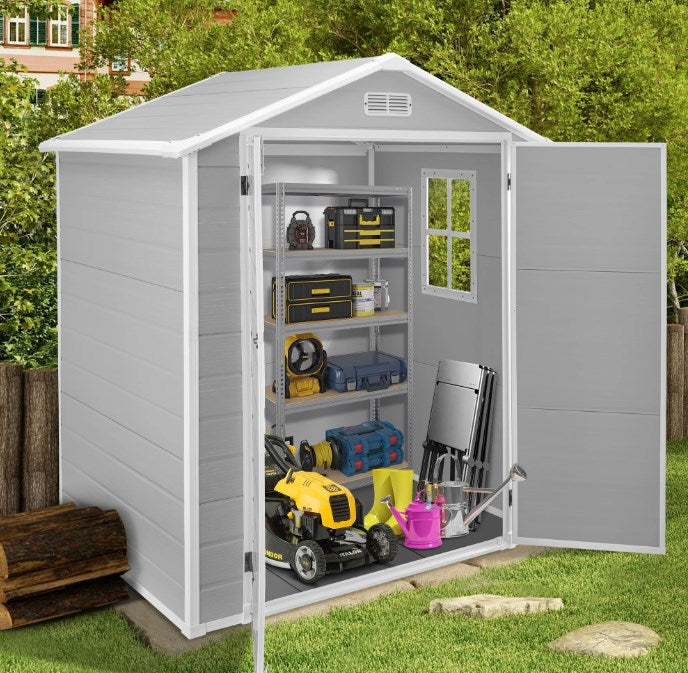 6' x 4' Outdoor Storage Shed, Resin Garden Shed with Lockable Doors, Tools Storage Shed for Backyard, Patio, Lawn