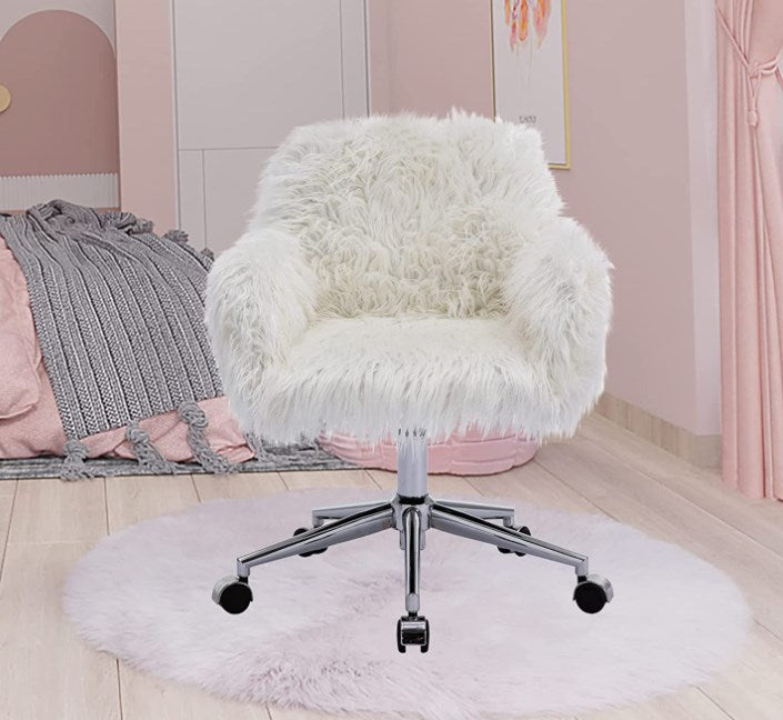 Fluffy Upholstered Office Chair, Faux Fur Plush Office Desk Chair with 360 Degree Swivel and Metal Frame, Modern Height Adjustable Office Seat, Stylish Computer Chair for Home Office, White, D2691