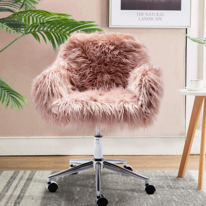 Fluffy Upholstered Dressing Chair, SYNGAR Modern Faux Fur Vanity Chair with 360 Degree Swivel, Height Adjustable Makeup Seat, Stylish Decorative Furniture for Girls Bedroom Living Room, Pink, D2674