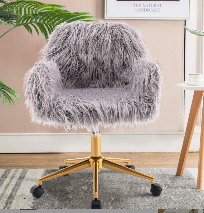 Fluffy Upholstered Dressing Chair, SYNGAR Modern Faux Fur Vanity Chair with 360 Degree Swivel, Height Adjustable Makeup Seat, Stylish Decorative Furniture for Girls Bedroom Living Room, Gray, D7240