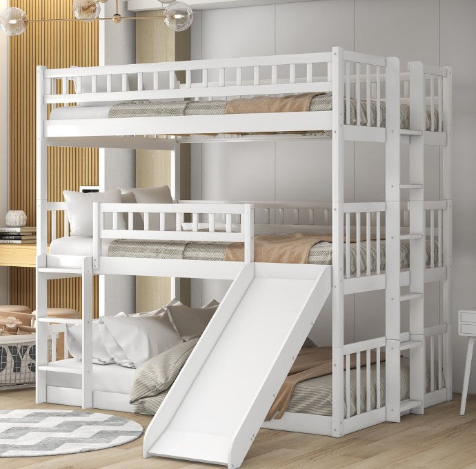 Full over Full over Full Triple Bunk Bed, SYNGAR Space Saving Triple Beds Frame with Slide for Kids Teens Room, Wood Full Triple Bunk Bed W/ Ladder & Guardrail, No Box Spring Needed, White, D3846