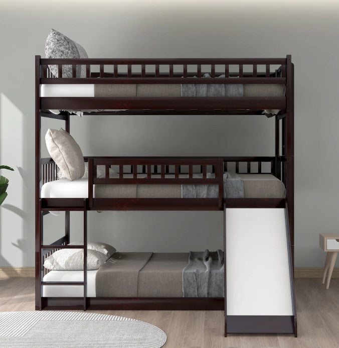 Full over Full over Full Triple Bunk Bed, SYNGAR Space Saving Triple Beds Frame with Slide for Kids Teens Room, Wood Full Triple Bunk Bed W/ Ladder & Guardrail, No Box Spring Needed, Espresso, D3834