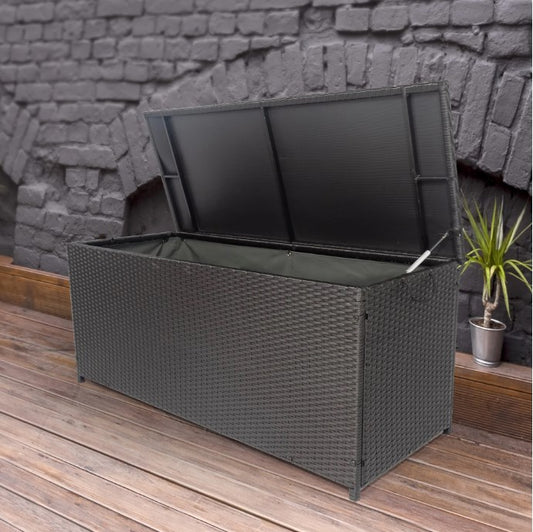 113 Gallon Patio Storage Box, Outdoor Large Wicker Patio Deck Boxes with Lid, Storage Container for Outside Furniture Cushions, Garden Tools, Kids' Toys, Black