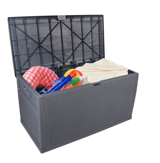 120 Gallon Resin Deck Box, Patio Storage Chest with Lid, Outdoor Waterproof Storage Cabinet, Backyard Storage Container for Patio Furniture Cushions, Kids' Toys, Garden Tools, Gray, D7271