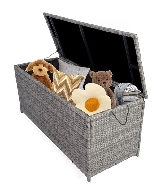 SYNGAR 113 Gallon PE Wicker Deck Box, Patio Large Storage Cabinet, Outdoor Waterproof Storage Chest, Storage Container with Lid, for Outside Furniture Cushions, Garden Tools, Kids' Toys, Gray, D7980
