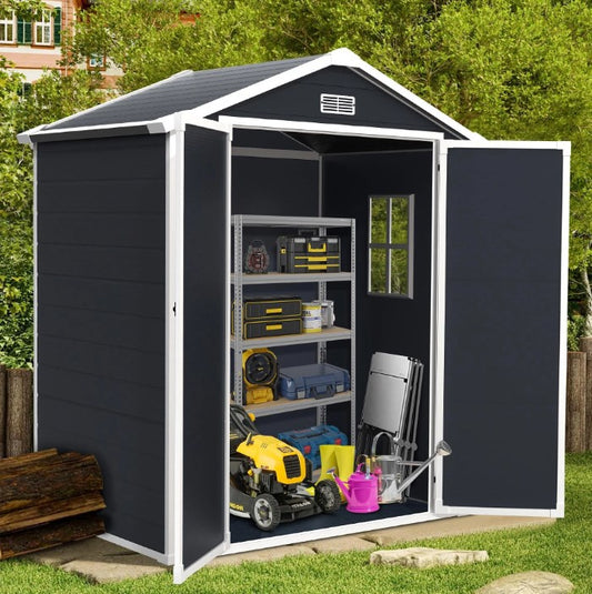 Syngar 6ft x 4ft Outdoor Plastic Storage Shed, All-Weather Tool Shed with Reinforced Floor, Pitched Roof and Double Lockable Doors, Large Garden Shed for Bikes, Lawnmowers, Trash Cans, Dark Gray
