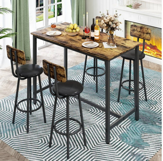 5 Piece Bar Table Set, Modern Counter Height Dining Set, Home Dining Table and Chairs Set for 4, Kitchen Breakfast Table Set with 4 Cushioned Stools, Bistro Pub Table Set, Rustic Brown