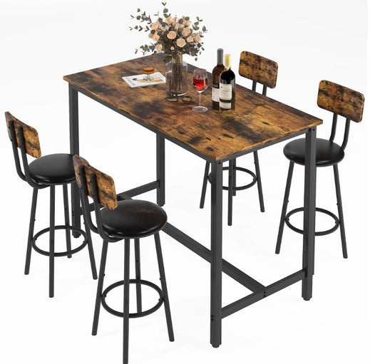 Modern Counter Height Pub Set, SYNGAR 4 Pieces Dining Table Set with 3 Cushioned Stools, Extra Long Bar Table with Fence and Footrest, Kitchen Breakfast Table Set for 3, Gold, D6423
