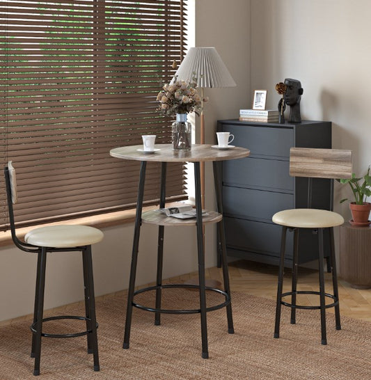 3 Piece Bar Table Set, Modern Counter Height Dining Set, Home Dining Table and Chairs Set for 2, Kitchen Breakfast Table Set with 2 Cushioned Stools, Bistro Pub Table Set, Gray