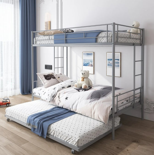 Heavy Duty Kids Twin Over Twin Metal Bunk Bed with Flat Ladder & Safety Guardrail, Convertible Trundle Bed Frame for Dorm, Bedroom, Guest Room, No Box Spring Needed, Silver, D6554