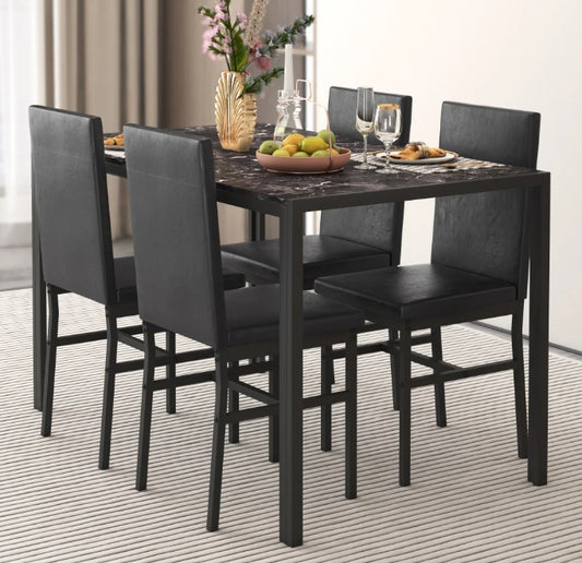 Modern Dining Table Set for 4, SYNGAR Faux Marble Table and PU Leather Upholstered Chairs Set, 5 Piece Kitchen Dining Set, Dining Table and Chairs Set for Small Space, Breakfast Nook, Black, D9202