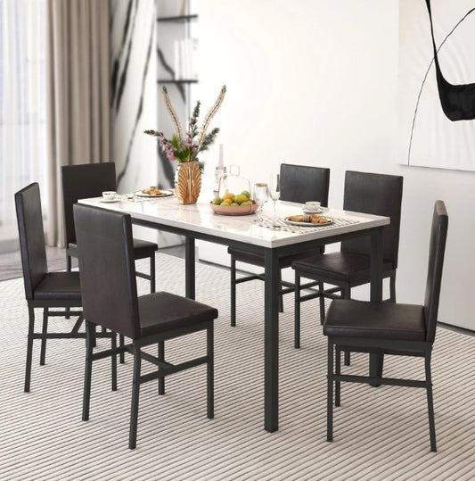 Modern Dining Table Set for 6, Faux Marble Table and PU Leather Upholstered Chairs Set, 7 Piece Kitchen Dining Set, Dining Table and Chairs Set for Small Space, Breakfast Nook, D9207