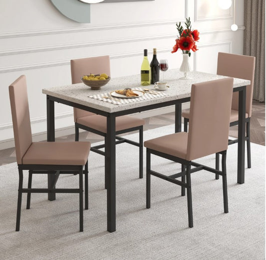 5 Piece Dining Set, Modern Dining Table and Chairs Set for 4, Kitchen Dining Table Set with Faux Marble Tabletop and 4 PU Leather Upholstered Chairs, for Small Space, Breakfast Nook, Khaki, D9223
