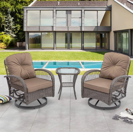 3 Piece Patio Swivel Furniture Set, Swivel Bistro Set with Coffee Table, All Weather Conversation Chairs with Brown Cushions, Outdoor Furniture Set for Backyard, Poolside, Garden