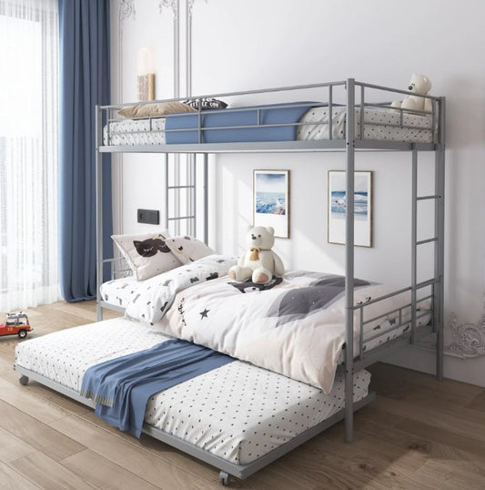 Bunk Bed Full over Full with Ladder & Guardrail, Syngar Twin over Twin Bunk Bed with Trundle, Heavy Duty Kids Bedroom Furniture for Boys and Girls, Space Saver Guest Room Bunk, Silver