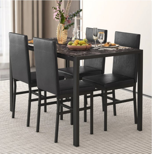 5 Piece Dining Set, Modern Dining Table and Chairs Set for 4, Kitchen Dining Table Set with Faux Marble Tabletop and 4 PU Leather Upholstered Chairs, for Small Space, Breakfast Nook, Black, D9205