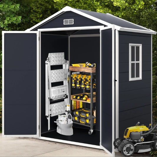 6' x 4' Outdoor Plastic Storage Shed, Garden Shed for Tools, Trash Can, Storage Shed with Lockable Doors, for Backyard, Patio, Lawn, D7497