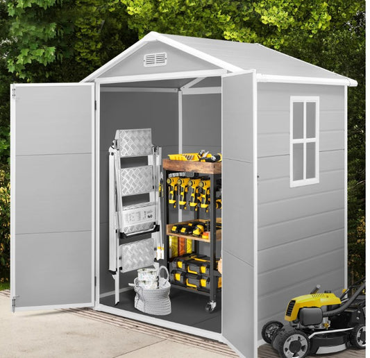 Syngar 6' x 4' Outdoor Plastic Storage Shed, Tools Storage Shed, All Weather Garden Shed with Lockable Doors, Reinforced Floor and Pitched Roof, Outdoor Storage Shed for Backyard, Patio, Lawn