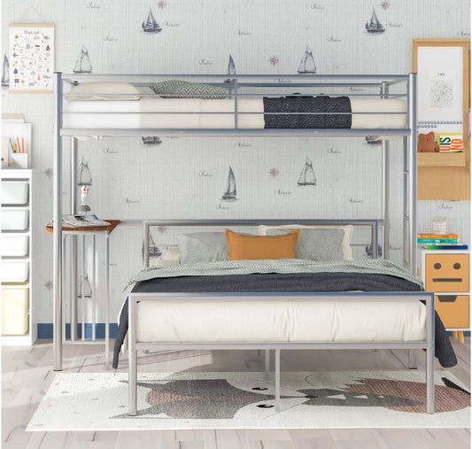 Metal Loft Bed and Full Platform Bed Frame, Space Saving Twin over Full Bunk Beds for Kids Teens, Heavy Duty Bunk Beds with Ladder, Safety Guardrail and Side Desk, No Box Spring Needed, Silver, D3439