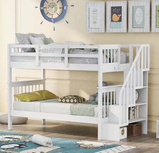 Twin over Twin Bunk Bed, Solid Wood Bunk Bed Frame with Ladder, Safety Guardrail and Storage Shelves, Bedroom Convertible Bunk Bed Furniture for Kids Teens Adults, No Box Spring Needed, White, D2071
