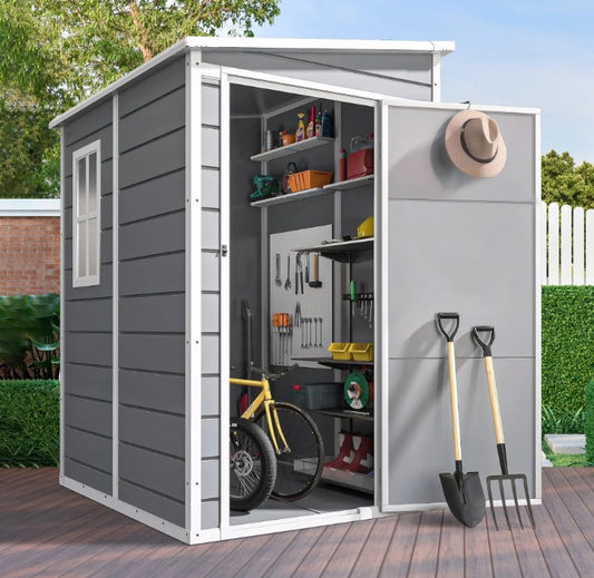 5' x 4' Outdoor Storage Shed, Plastic Garden Shed with Lockable Doors and Front Window, Tools Storage Shed for Backyard, Patio, Lawn