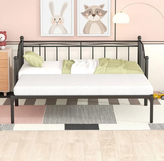 Syngar Twin Daybed with Pull-out Trundle, Metal Twin Size Daybed Frame, Space Saving Sofa Bed with Trundle Bed, Modern Home Platform Bed for Living Room/Bedroom, No Box Spring Needed, Black
