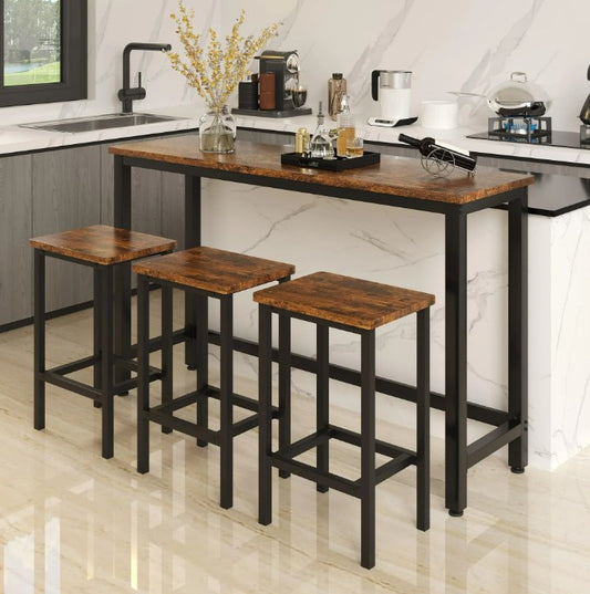 4-Piece Counter Height Dining Set, Long Pub Table and 3 Stools Set, Modern Bar Table Set for 3, Home Kitchen Breakfast Dining Table Set, Fits for Dining Room, Restaurant, Brown, D6414