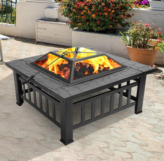 Outdoor Fire Stove, 32 Inch Portable Fire Pit with Mesh Lid, BBQ Grill, Grate and Poker, Square Metal Bonfire Wood Burning Fire Stove for Picnic, Party, Camping, Backyard, Lawn, D3664