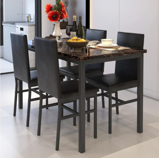 5 Piece Dining Set, Modern Dining Table and Chairs Set for 4, Kitchen Dining Table Set with Faux Marble Tabletop and 4 PU Leather Upholstered Chairs, for Small Space, Breakfast Nook, Brown, D9291