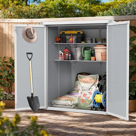 SYNGAR 56 Cu.ft Outdoor Storage Cabinet, Resin Storage Shed with 2-Tier Shelves, Garden Tool Shed with Double Lockable Doors, Organizer Cabinet for Patio Yard, Gray, D6988