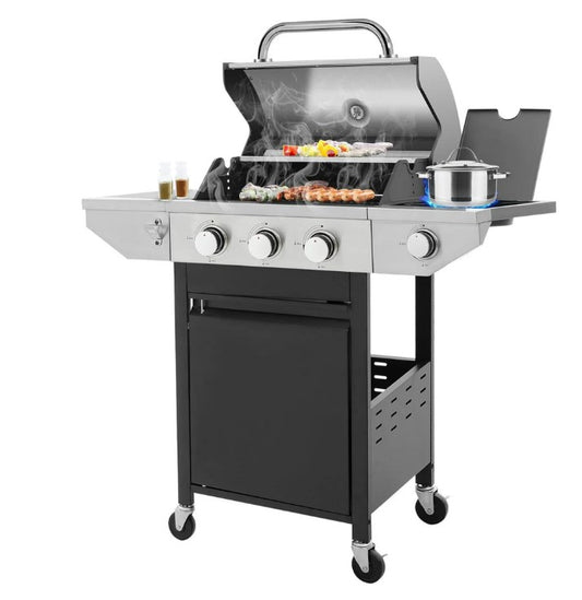 Syngar 3-Burner Propane Gas Grill, Stainless Steel BBQ Grill with Side Burner and Thermometer for Outdoor Party, Camping