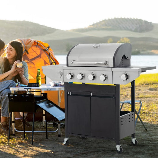 Syngar 4-Burner Propane Gas Grill, Stainless Steel BBQ Grill with Side Burner and Thermometer for Outdoor Party, Camping