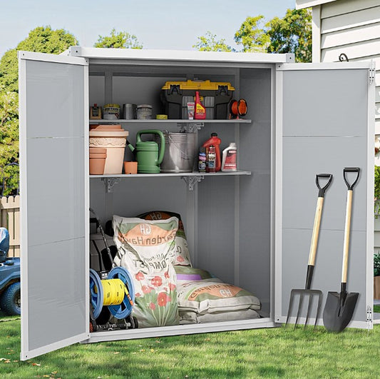 56 Cu.ft Outdoor Storage Shed, Resin Storage Cabinet with 2-Tier Shelves, Garden Tool Shed with Double Lockable Doors, Organizer Cabinet for Patio Yard, Gray