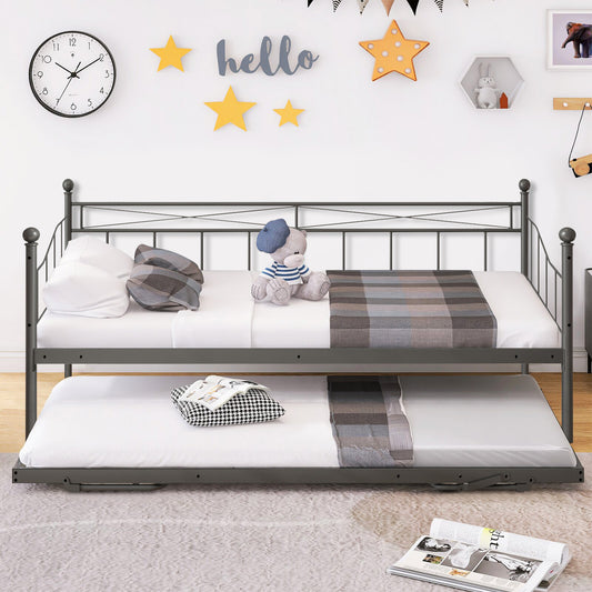 SYNGAR Daybed with Trundle, Metal Twin Daybed for Living Room/Bedroom, Twin Size Sofa Bed with Pop Up Trundle, Space Saving Design, Modern Home Platform Bed Frame, No Box Spring Needed, Black, D6610