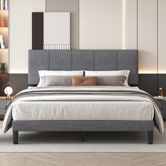 SYNGAR Gray Fabric Upholstered Platform Bed Frame Full Size with Height Adjustable Headboard, Metal Frame Bedroom Furniture with Strong Wooden Slat Support, No Box Spring Needed, Easy Assembly