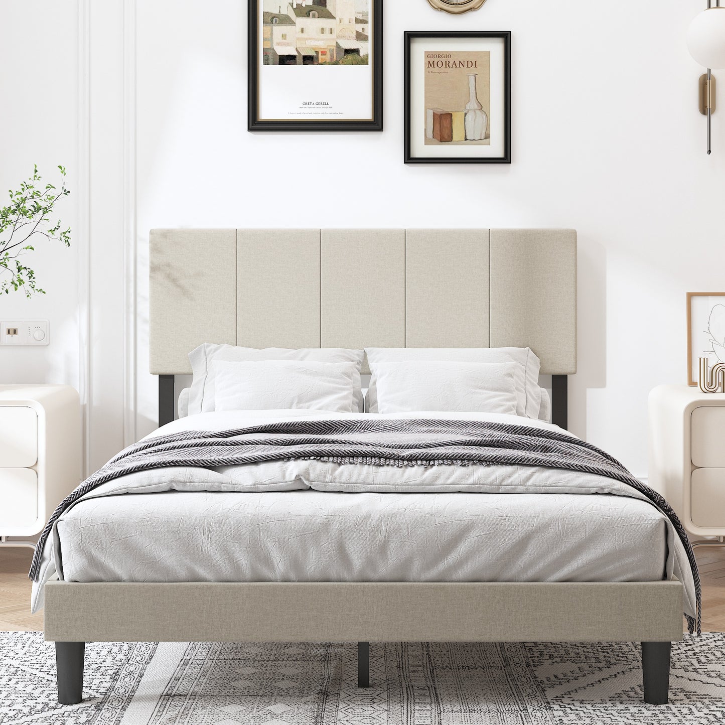 SYNGAR Full Size Platform Bed Frame with Fabric Upholstered Headboard, Sturdy Metal Frame and Strong Wooden Slats, No Box Spring Needed, Beige