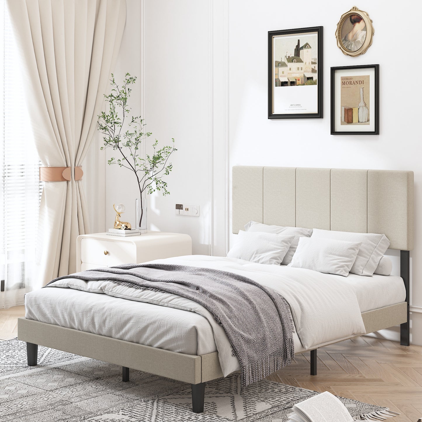 SYNGAR Full Size Platform Bed Frame with Fabric Upholstered Headboard, Sturdy Metal Frame and Strong Wooden Slats, No Box Spring Needed, Beige