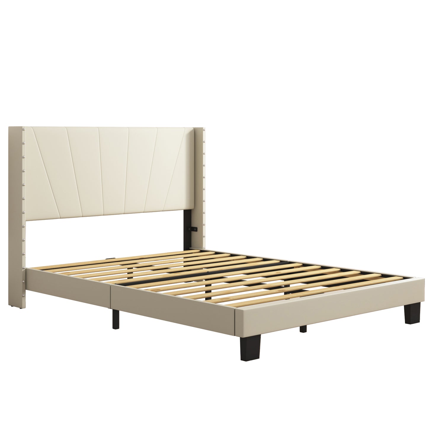 SYNGAR Beige Fabric Upholstered Platform Bed Frame Full Size with Elegant Headboard, Wood Frame Bedroom Furniture with Strong Slat Support, No Box Spring Needed, Noise Free, Easy Assembly
