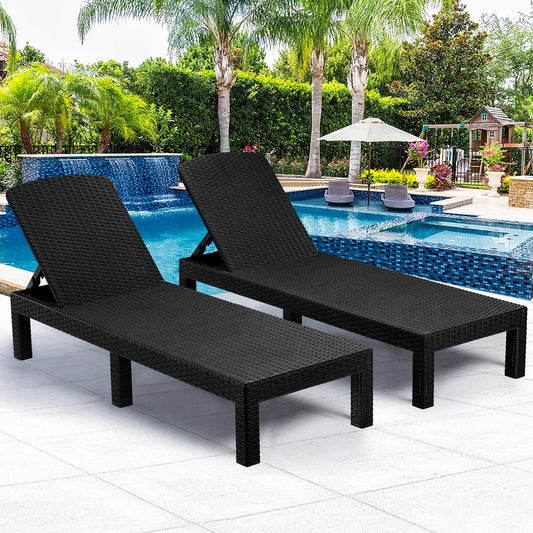 Chaise Lounge Set of 2, Patio Reclining Lounge Chairs with Adjustable Backrest, Outdoor All-Weather PP Resin Sun Loungers for Backyard, Poolside, Porch, Garden, Black
