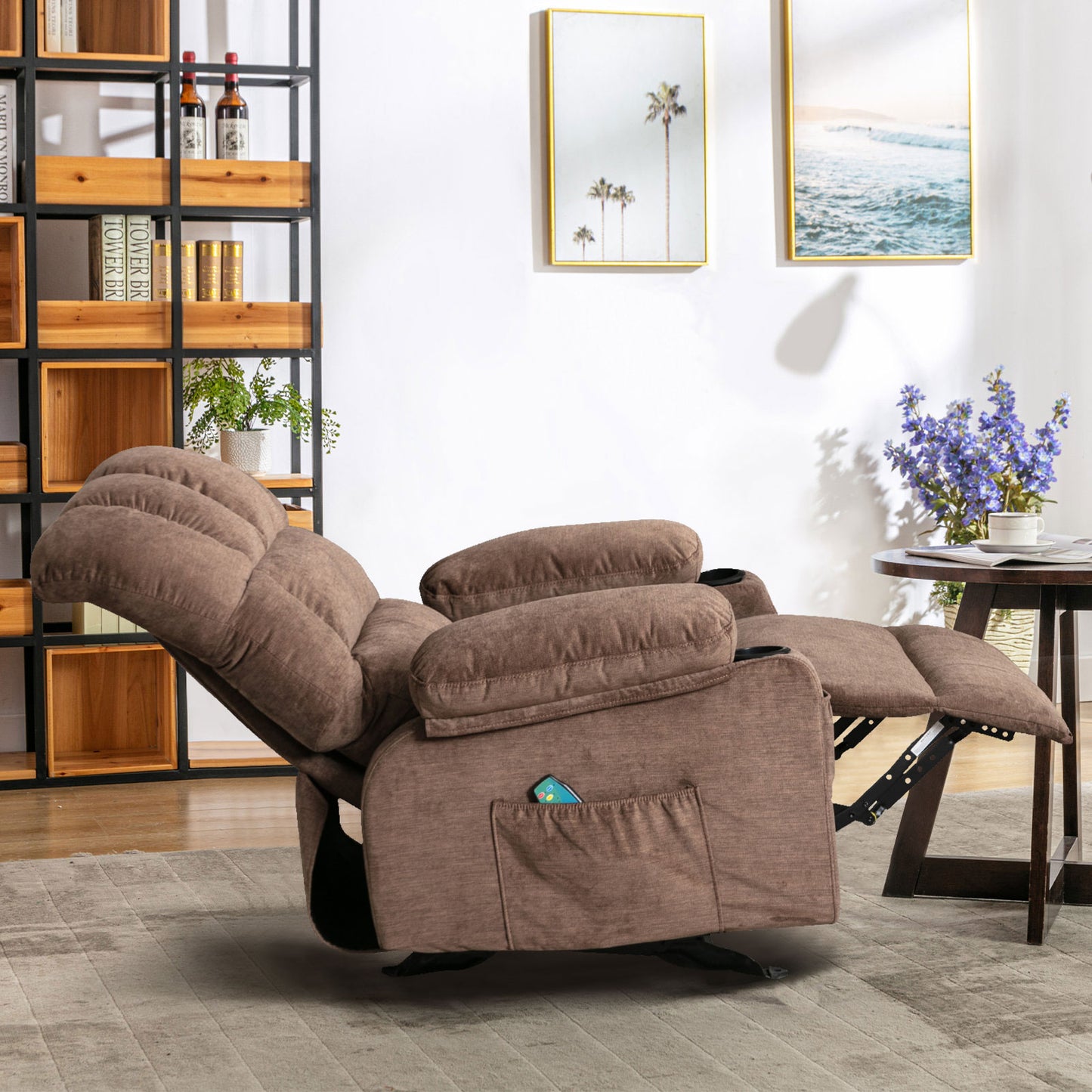 SYNGAR Manual Recliner Chair with Heat and Vibration Massage, Fabric Elderly Single Reclining Rocker Sofa with USB Charge Port, Cup Holders and Side Pocket for Bedroom Home Theater, Brown