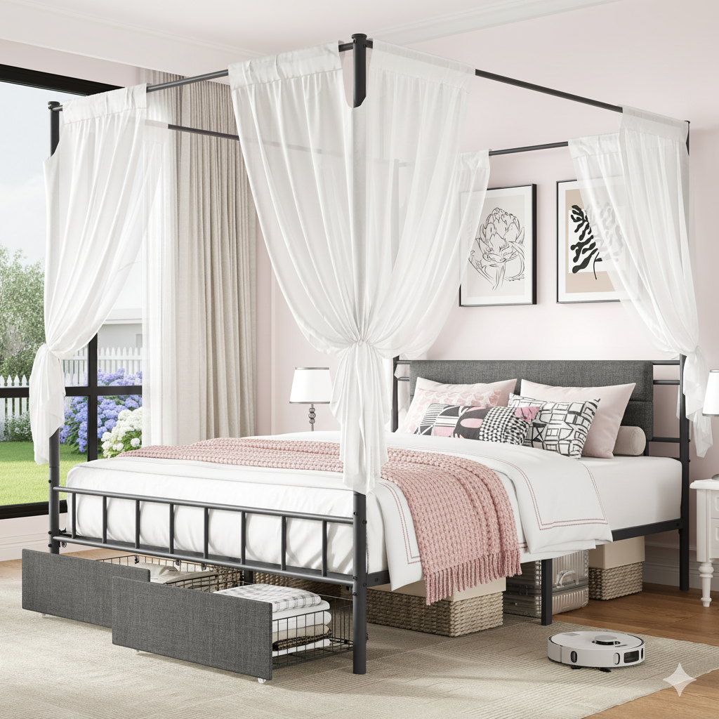 SYNGAR Queen Size Upholstered Headboard Canopy Bed Frame for Bedroom, 2 Storage Drawers Platform Bed, Canopy Bed Curtain Not Included, Black+Gray